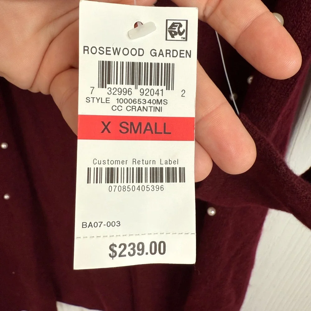 Charter Club Luxury Cashmere‎ Pearl Embellished Cardigan Burgundy XS Duster